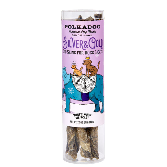Polka Dog Bakery Dog and cat dried cod skin treats in festive holiday packaging