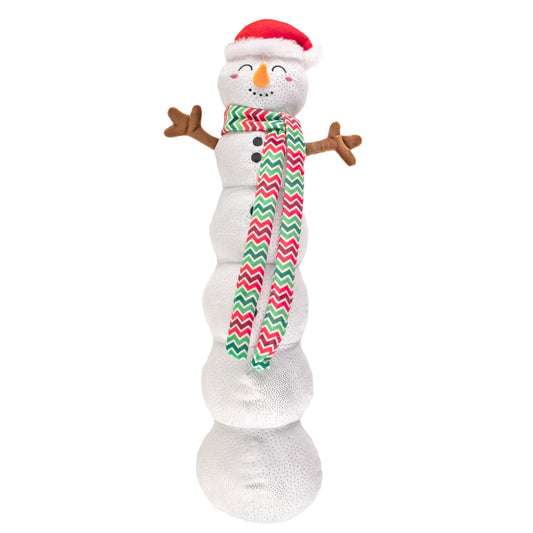 Plush large snowman dog toy with scarf and Santa hat and carrot nose and stick arms
