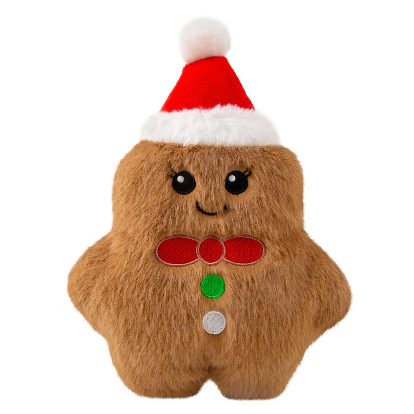Gingerbread Holiday Snuzzle plush pet toy brown toy with red santa hat and bowtie