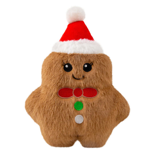 Gingerbread Holiday Snuzzle plush pet toy brown toy with red santa hat and bowtie
