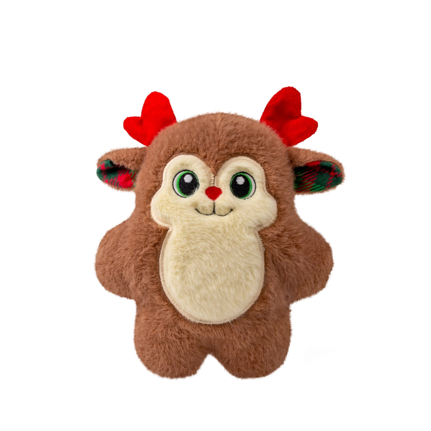 Fuzzy brown reindeer plush pet toy with red antlers, and ears
