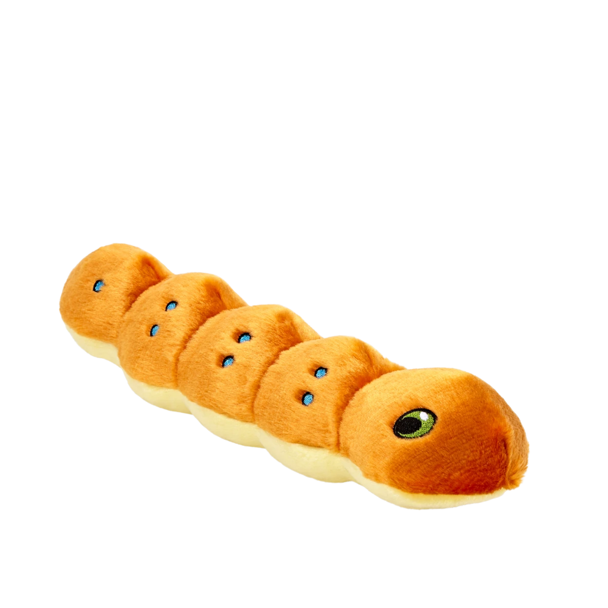 Orange plush caterpillar pet toy with blue dots and green sewn on eyes.