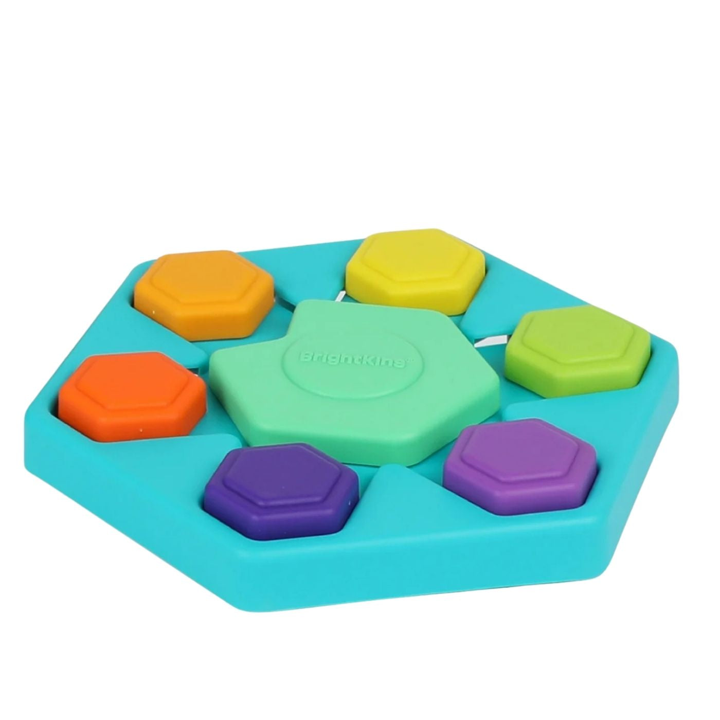 Colorful puzzle toy with hexagonal pieces on a white background