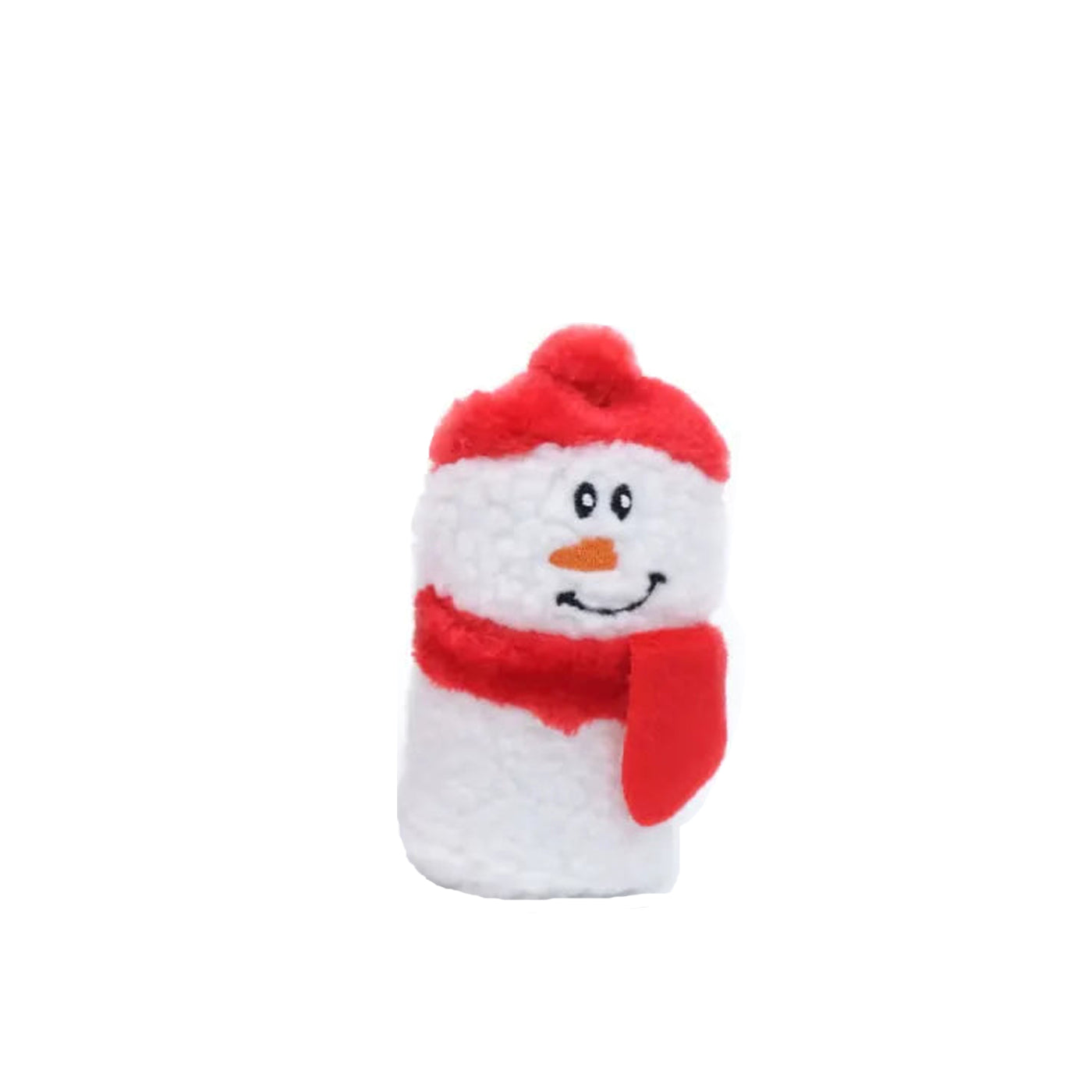 Plush snowman toy with a red hat and scarf on a white background