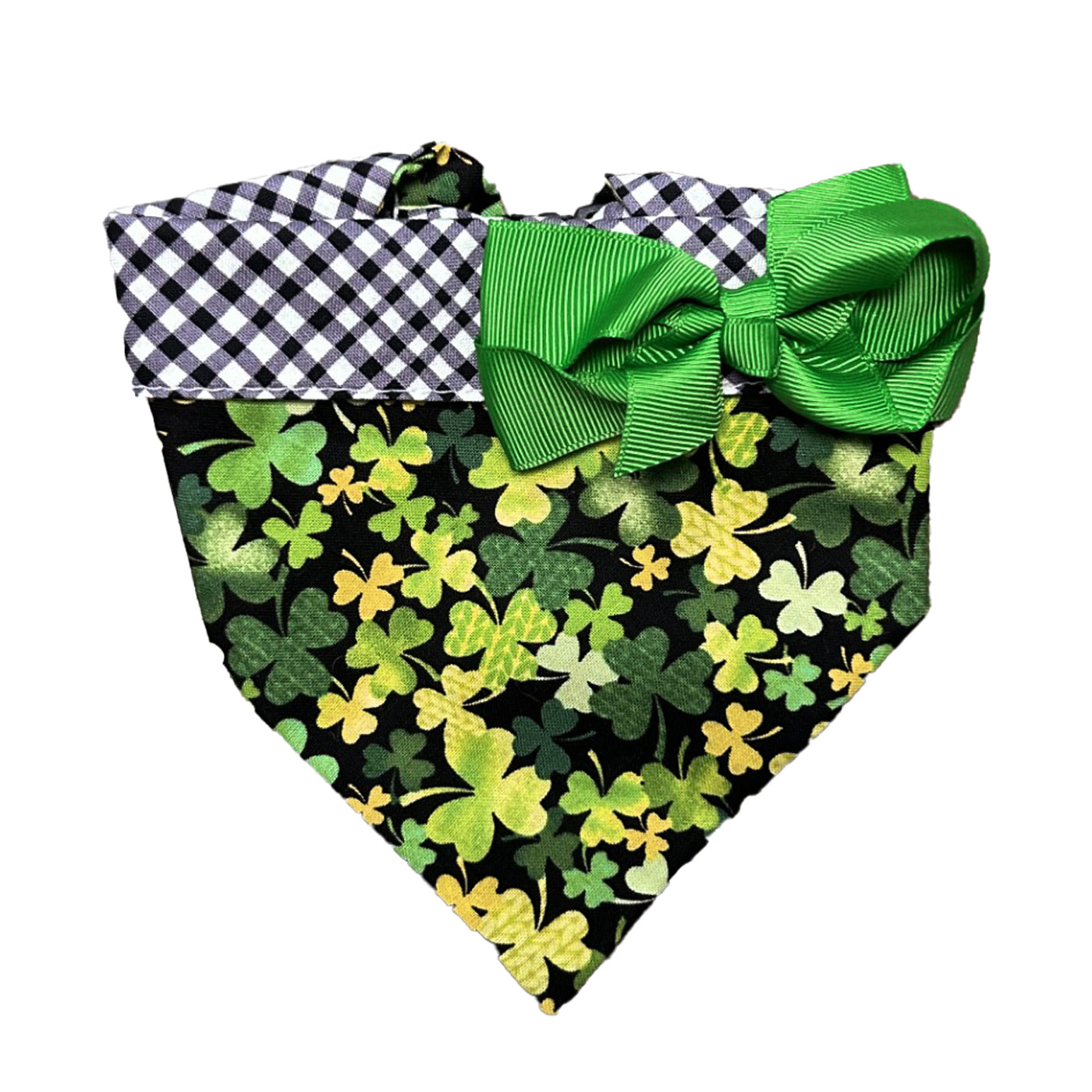 St. Patrick's Clover Bandana with Green bow and black and white gingham background.