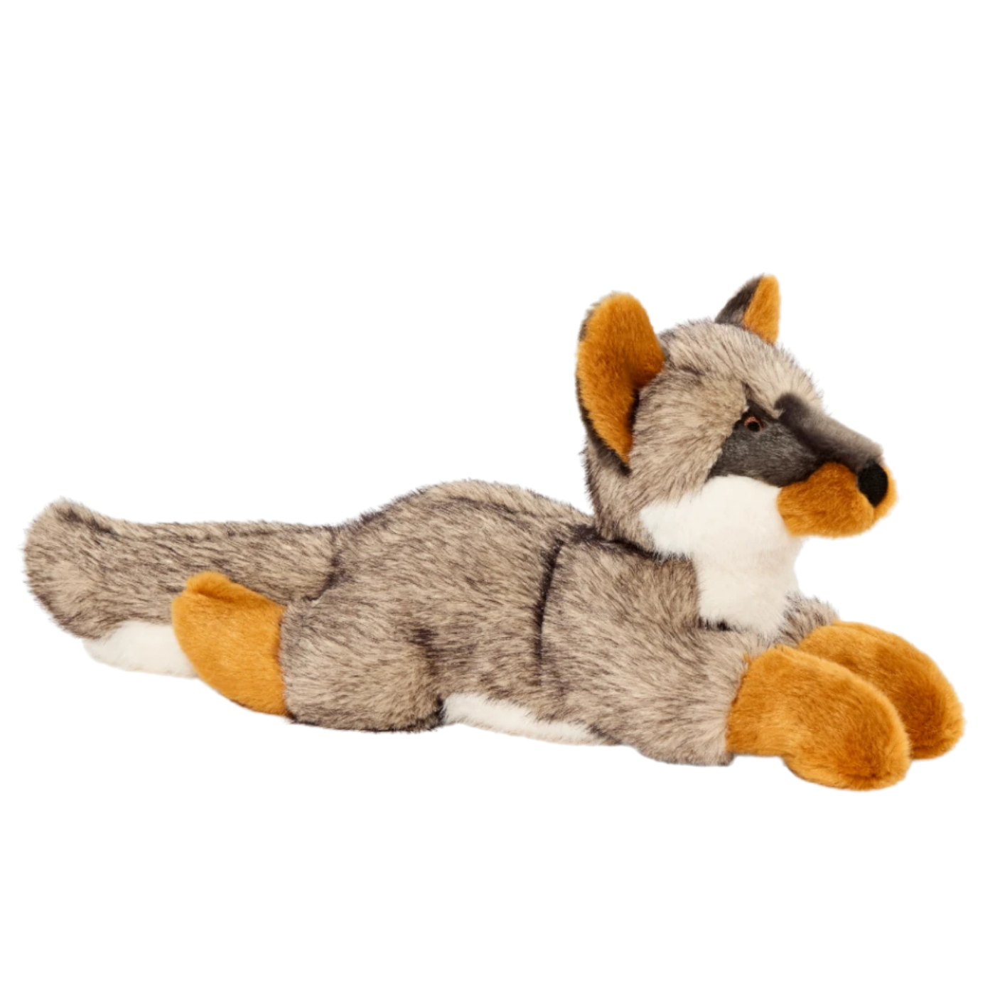 A plush toy fox lying down, featuring gray and white fur with orange accents on its ears, paws, and muzzle, set against a plain white background.