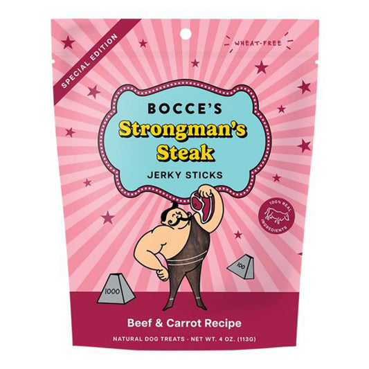 Bocce's Strongman's Steak jerky sticks packaging with pink background and cartoon character.