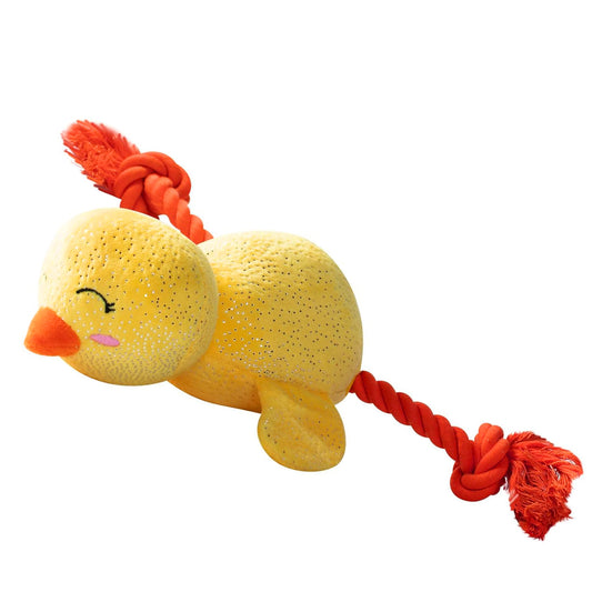 Sweet little chick plush pet toy with rope legs and silver sparkler flecks