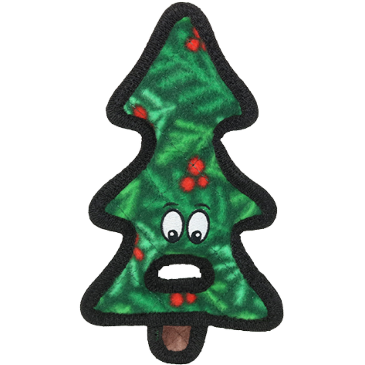 A Christmas tree-shaped plush dog toy with a green marbled texture, red berries, cartoon eyes, and a surprised mouth, outlined in black with a brown trunk.