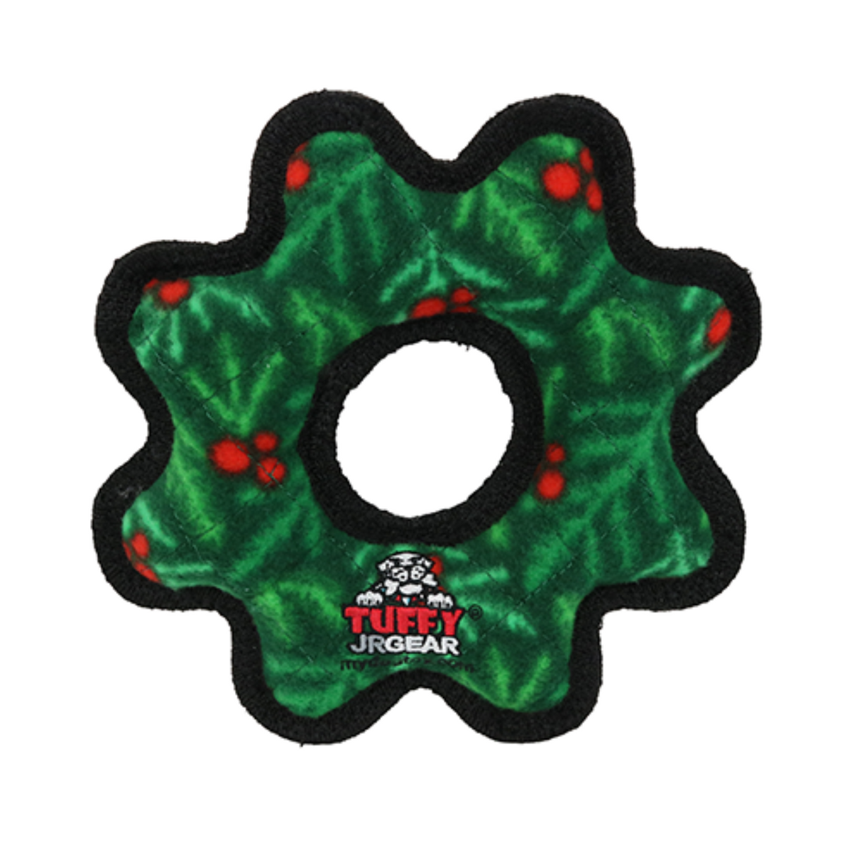 A green plush dog chew toy shaped like a wreath with a black fuzzy border, red berry accents, and a Tuffy J Gear logo printed near the bottom center.