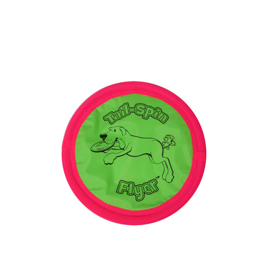 Green and pink dog toy with 'Tail Spin Flyer' branding on a white background