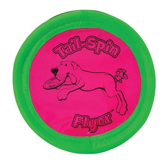Pink and green frisbee with 'Tail-Spin Flyer' text and dog illustration on a white background