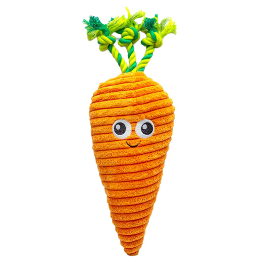 Tuff Thoozy Corduroy Carrot plush dog toy with eyes and three green ropes on top