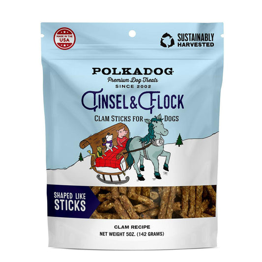 Polkadog brand dog treat clam sitck flavor package with reindeer and sleigh illustration on a blue background