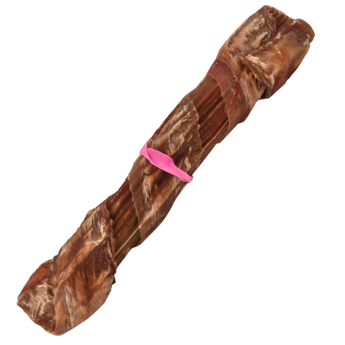 A natural brown dog chew bone, likely a bully's bone or similar cured meat bone, wrapped with a bright pink rubber band in the center, isolated on a white background.