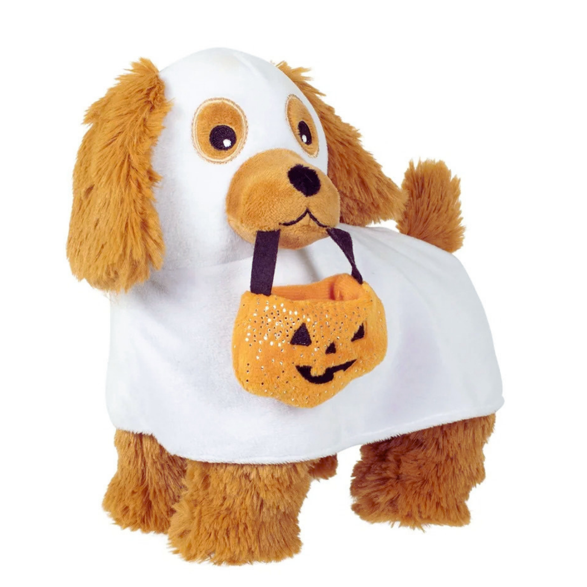 Furry puppy plush pet toy with trick or treat jackolantern in mouth. Wearing a white ghost costume 
