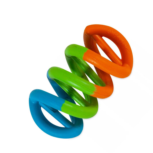 Colorful spring-like toy with blue, green, and orange coils on a white background