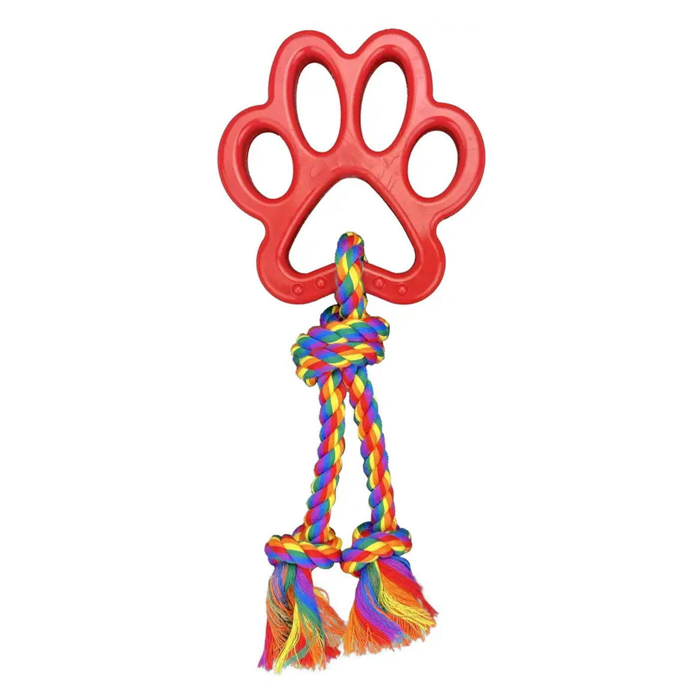 Red paw-shaped dog toy with a colorful rope on a white background