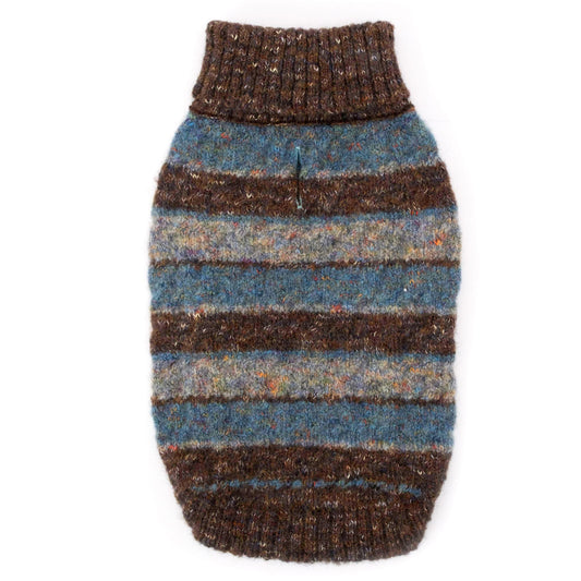 Tweed Stripe Turtleneck sweater for pets, chocolate brown, blue and cream.