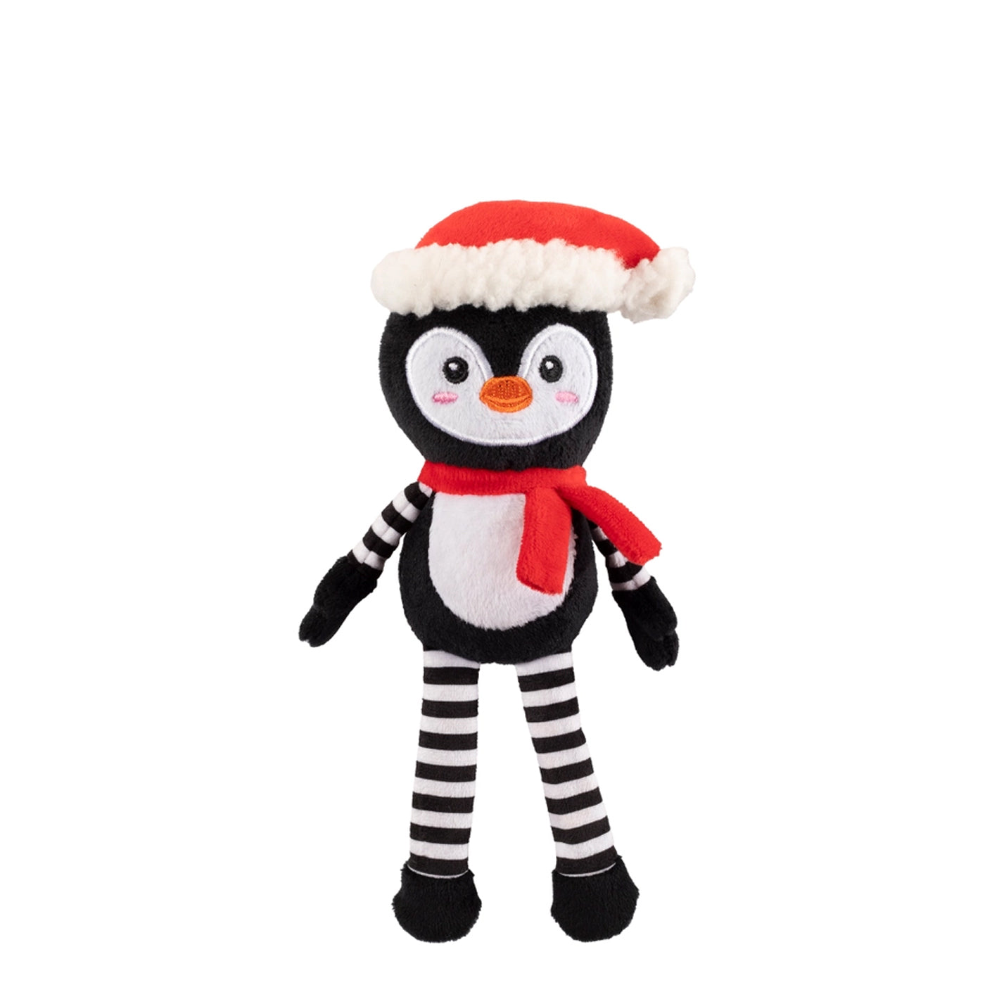 Plush toy penguin wearing a Santa hat and scarf on a white background