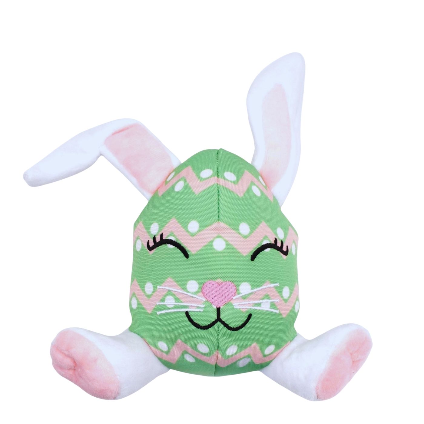Plush toy shaped like a green Easter egg with bunny ears and face on a white background