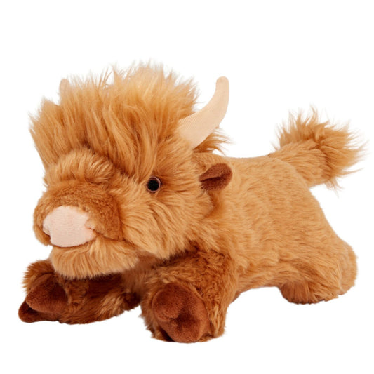 Plush toy of a brown cow with horns on a white background