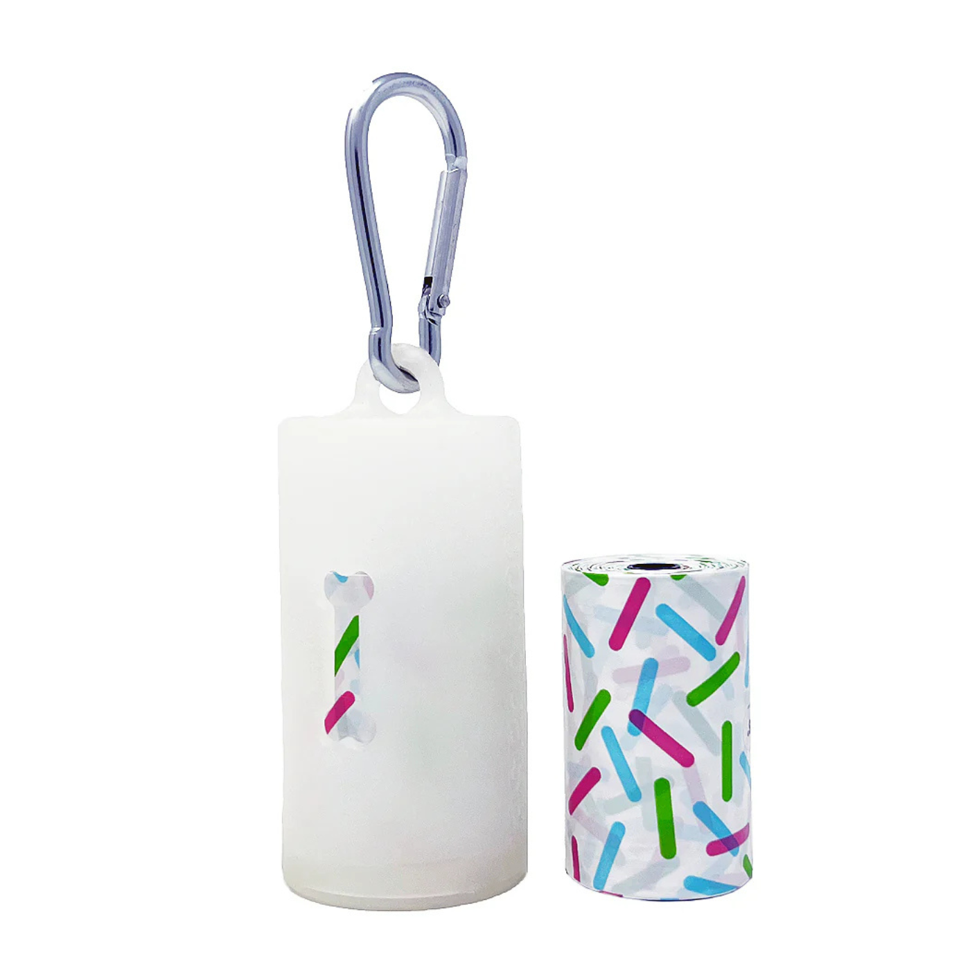 A pet poop bag holder with a silver carabiner clip, shown next to a roll of poop bags. The holder is frosted white with a small poop icon, while the roll of bags has a white background with colorful multicolor sprinkle patterns.