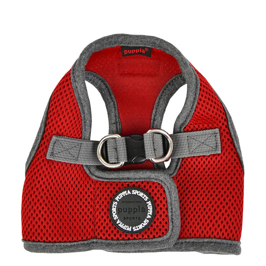 Soft mesh puppia wine color pet harness with grey trim, plastic buckle attachement and silver d rings.