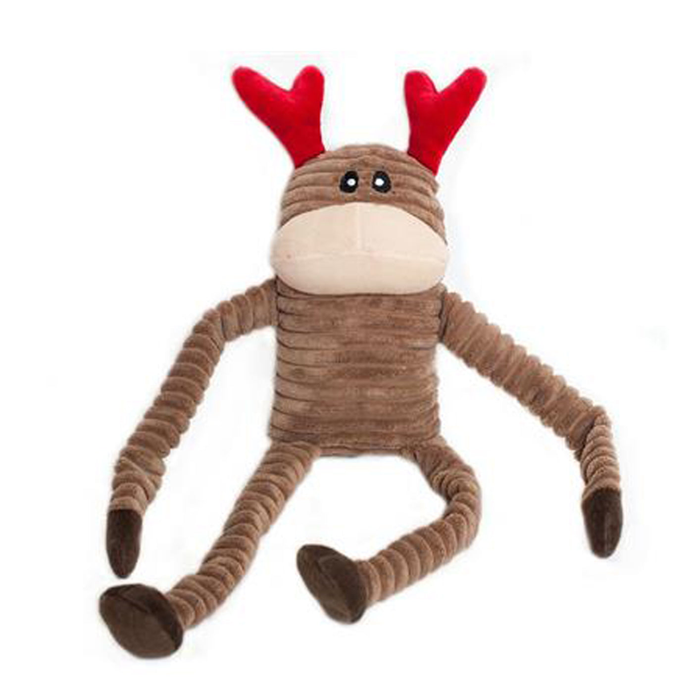 Corduroy plush brown reindeer dog toy with red antlers and squeaker and crinkle inside. 