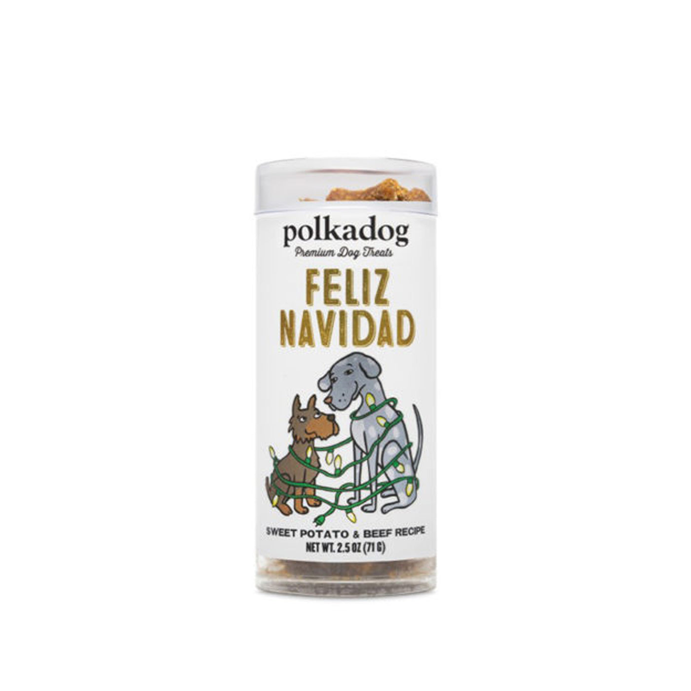 Polka Dog 2 oz mini tube of dog training treats in sweet potato and beef flavor.