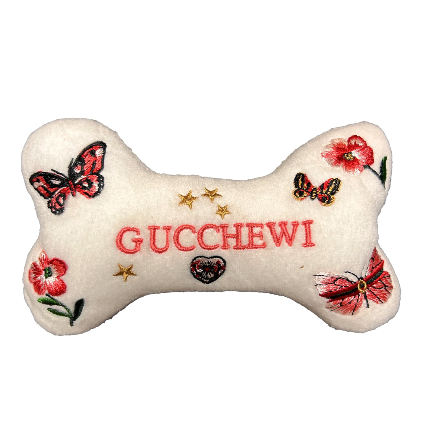 Small plush Gucchewi butterfly bone with squeaker for dogs.