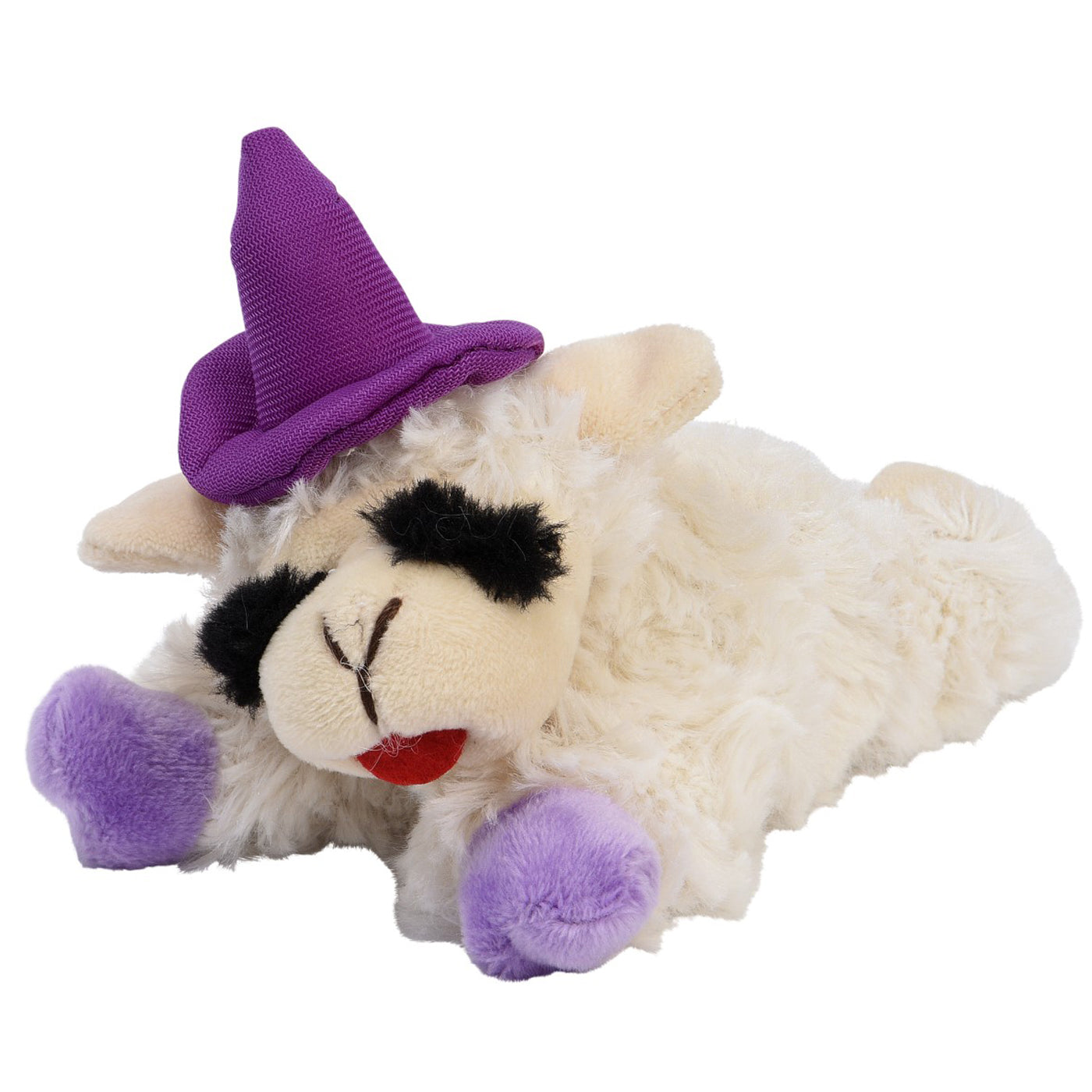 Plush pet toy resembling Lambchop with a festive purple witches hat and purple front paws.