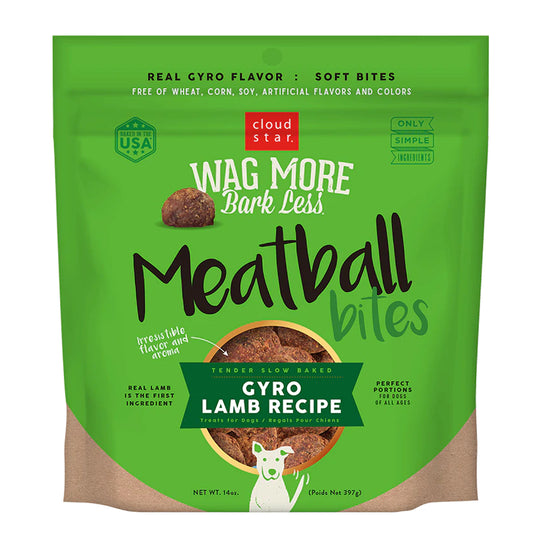 Wag More meatball bites for dogs. Gyro Lamb.  14 oz bag