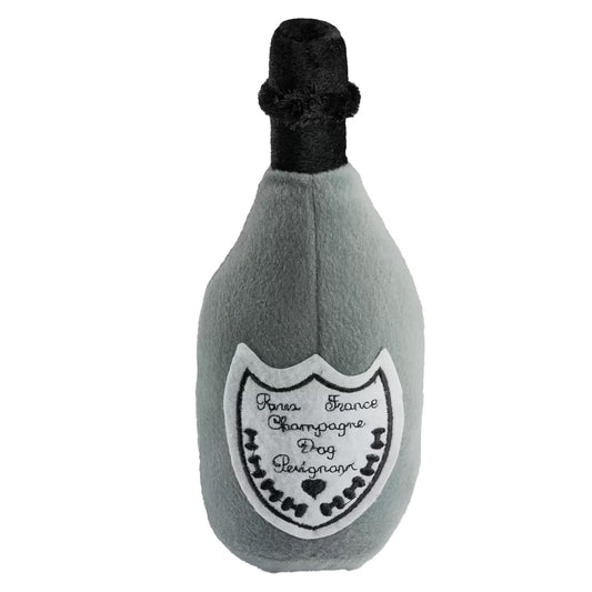 gray champagne bottle stuffed dog toy