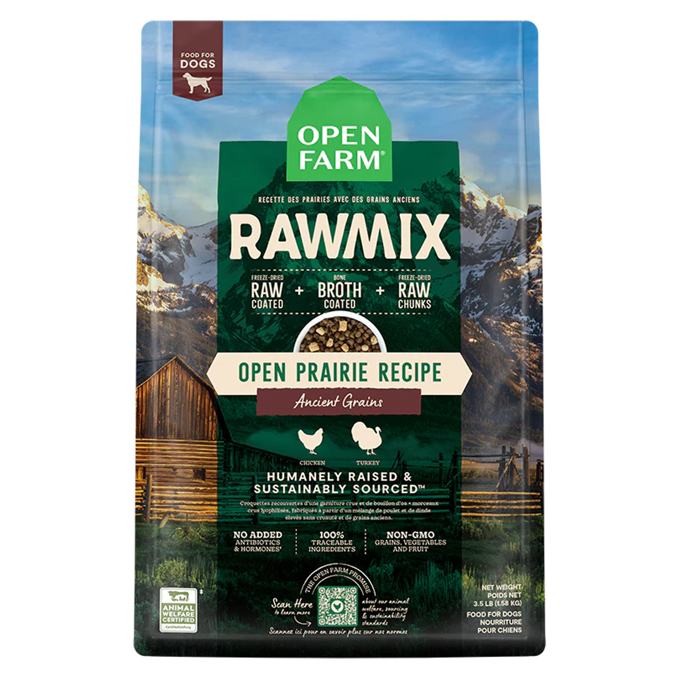 Open Farm Rawmix recipe kibble with chicken, turkey, and ancient grains.  3.5 lb bag