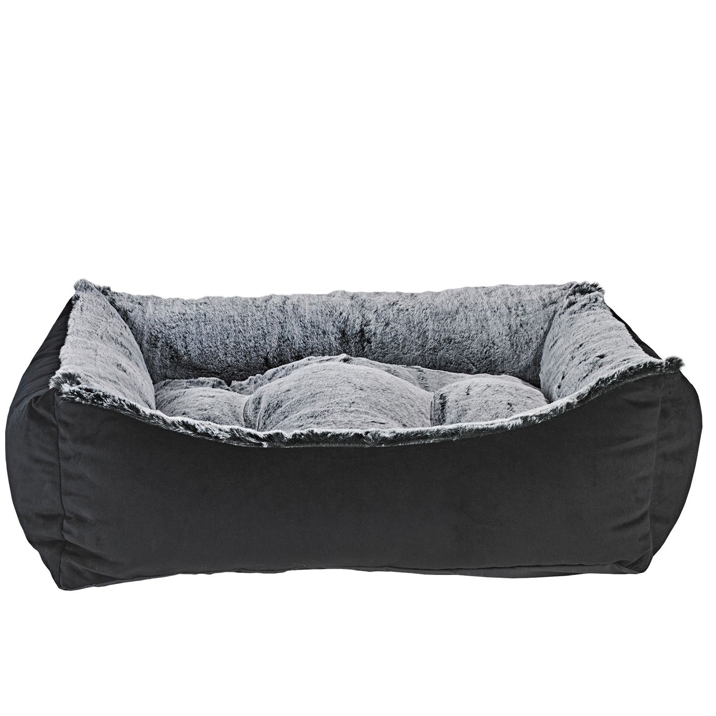 Bowser Pet Bed in Scoop Style with Black microvelvet exterior and Sterling silver fur lining