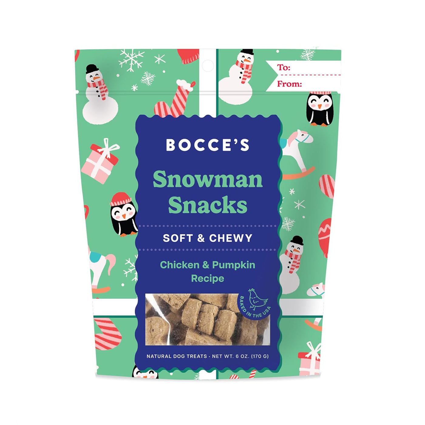 Bocce's Snowman Snacks packaging with festive design on a white background