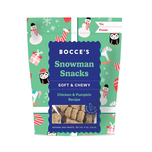 Bocce's Snowman Snacks packaging with festive design on a white background