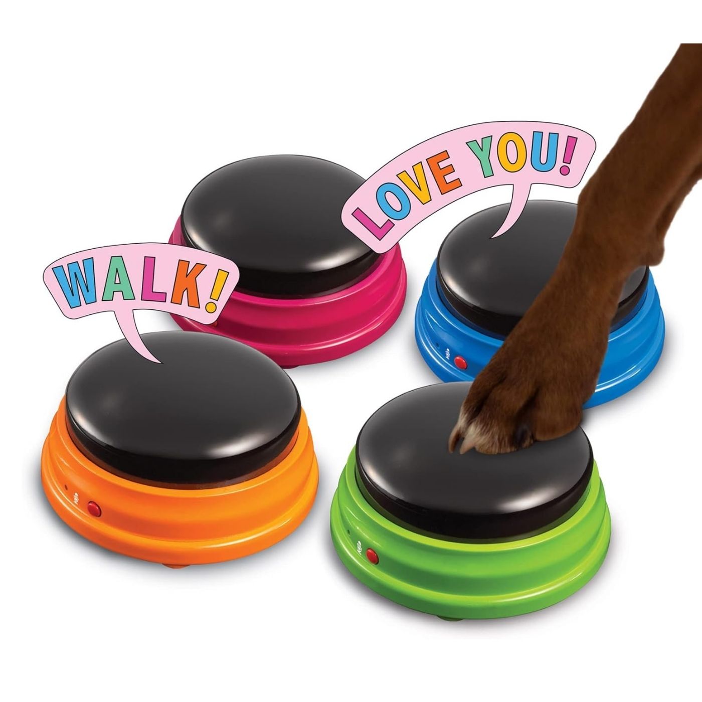 Colorful dog buttons with paw pressing one labeled 'LOVE YOU!' on a white background