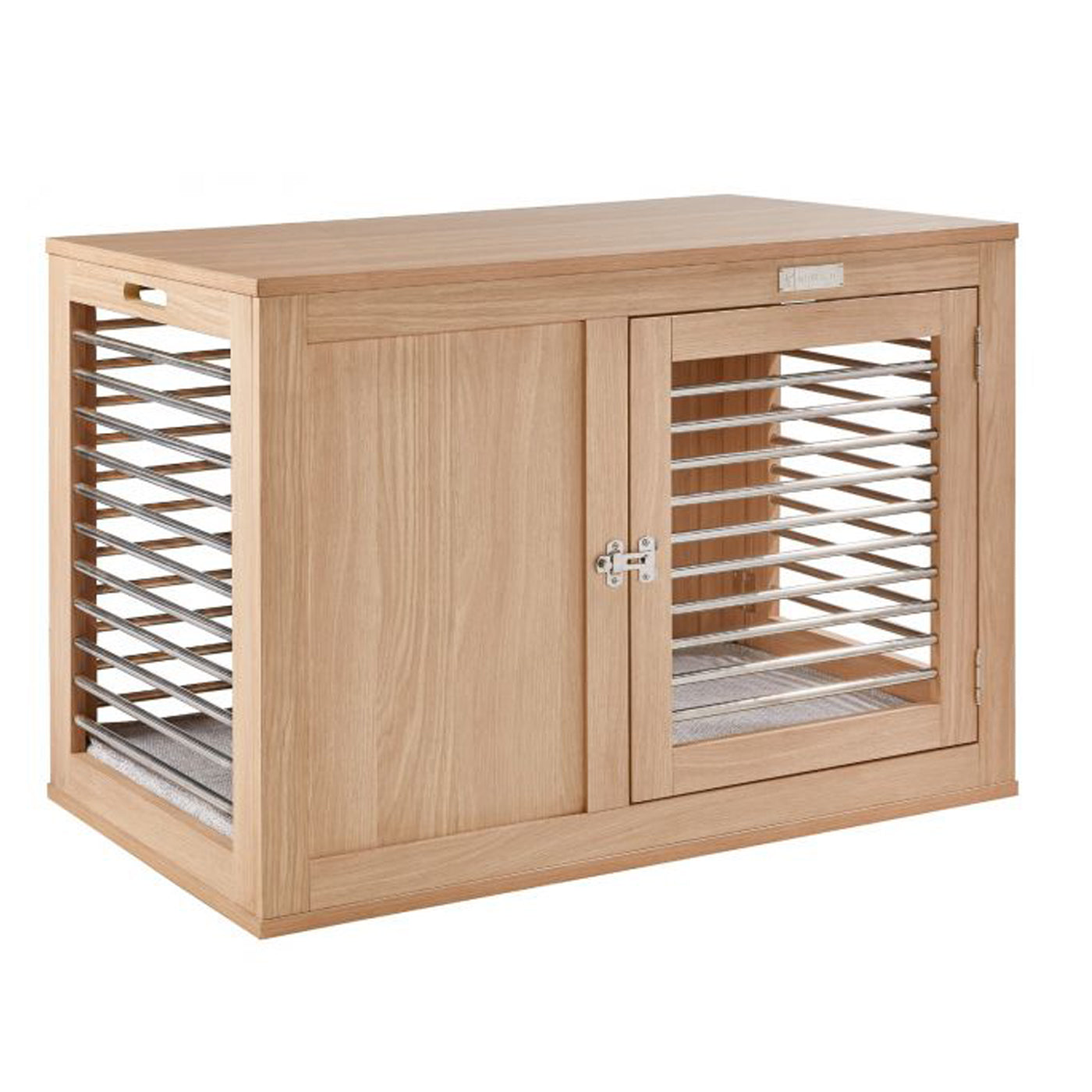 Modern looking wooden dog crate with 2 doors made of steel bars