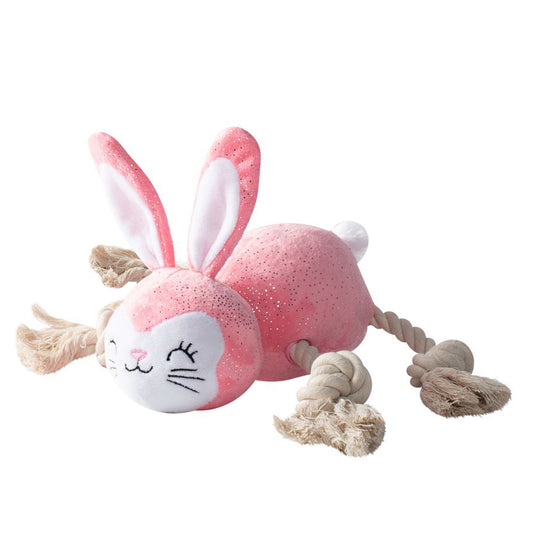 Sparkle pink bunny soft toy with rope adjustable moving legs.